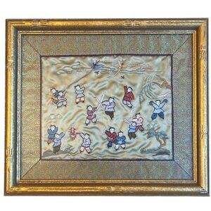Vintage Chinese Silk Thread Embroidery Framed Wall Art Kids at Play